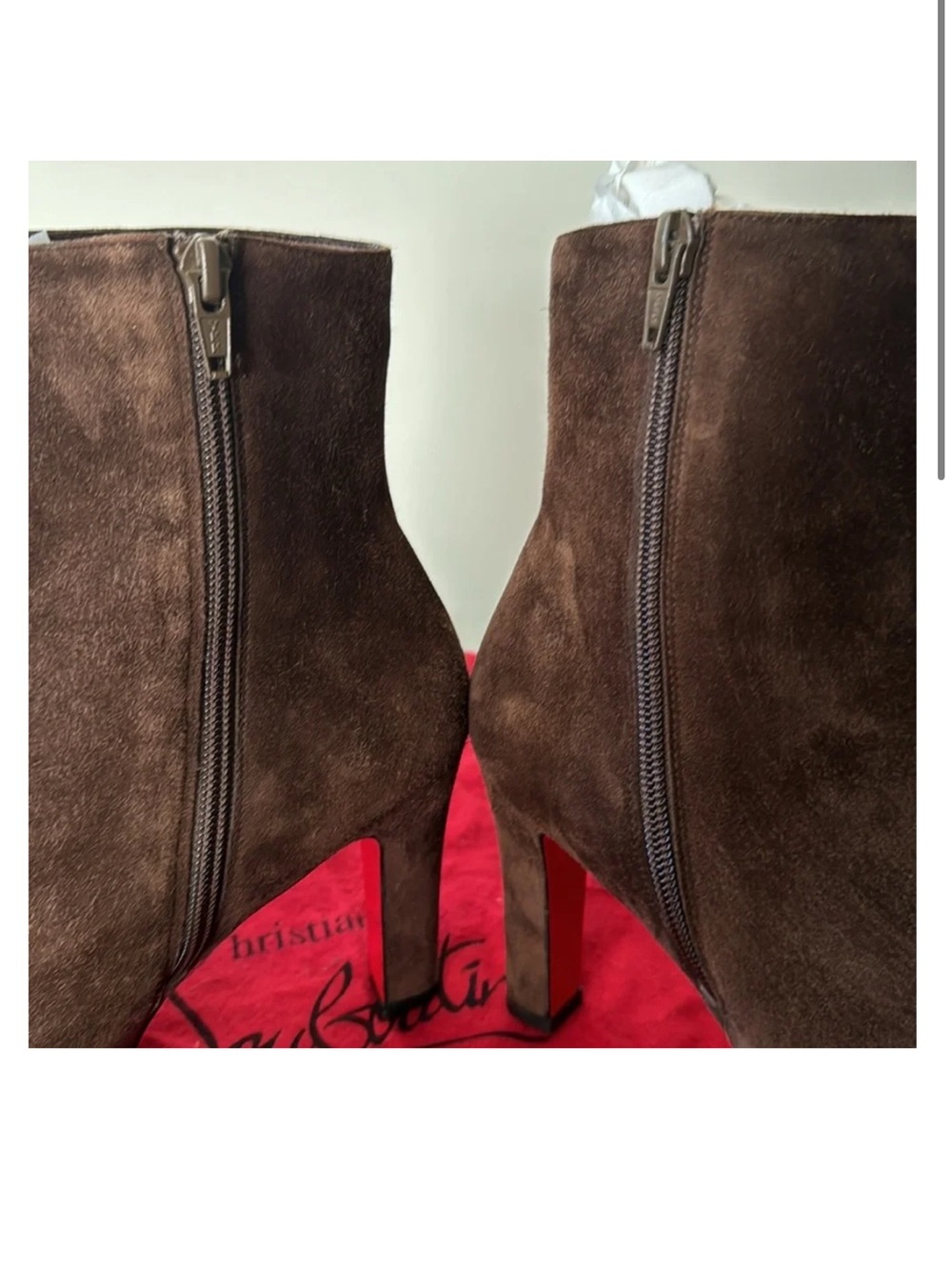 Authentic Christian Louboutin Brown Suede Ankle Heeled Boots with Side Zippers